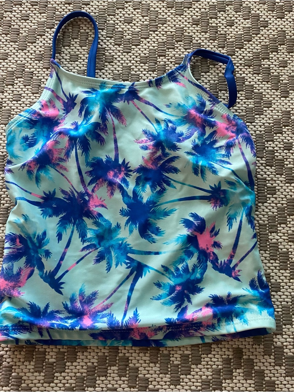 Blue Tropical Palm Print Tankini Top